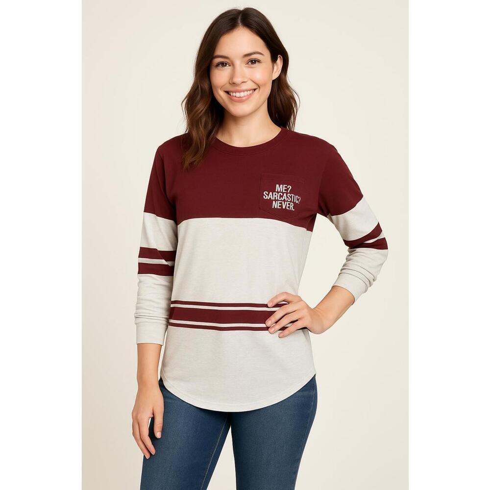 Women’s M Me Sarcastic Never Long Sleeve Tee Maroon White Graphic College Humor